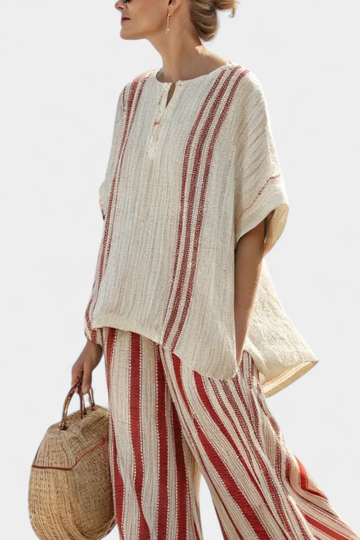 Complete Elegant Two-Piece Daisy Outfit with Red Stripes in Natural Texture