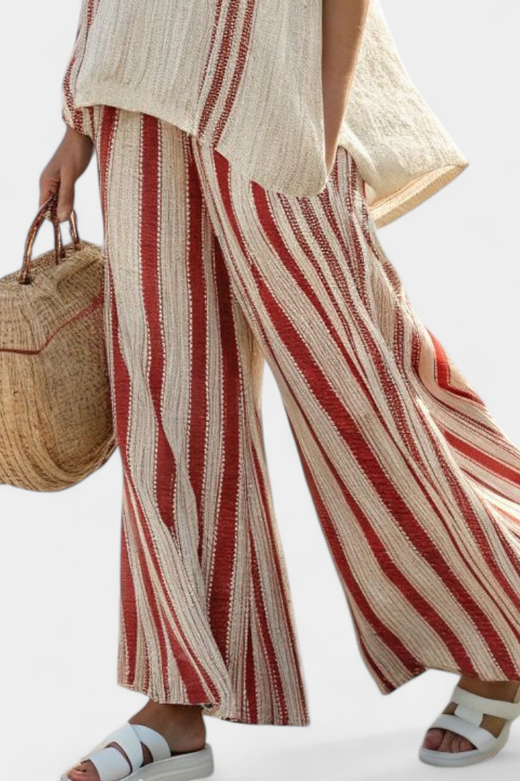 Complete Elegant Two-Piece Daisy Outfit with Red Stripes in Natural Texture