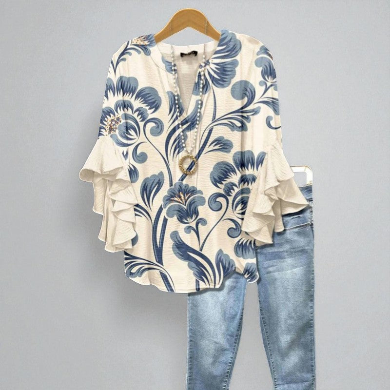 Isaline – Light Blue Floral Blouse with Elegant Ruffled Sleeves
