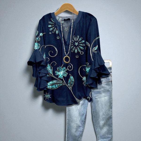 Marcelle – Navy Blue Blouse with Turquoise Floral Accents