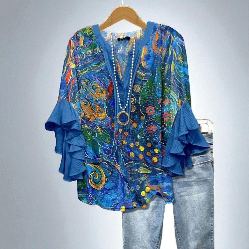 Aurianne – Artistic blouse in vibrant colors with flared sleeves